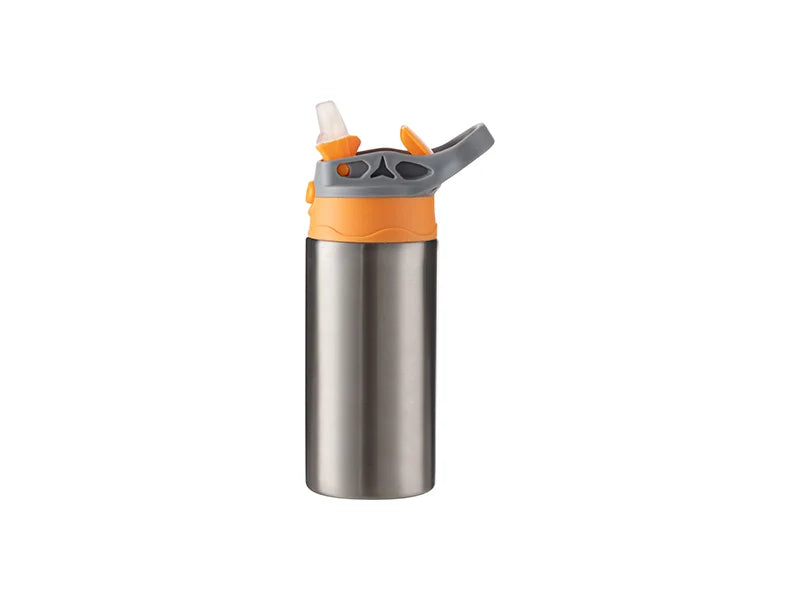12oz/360ml Kids Water Bottle With Silicon Straw & Gray Handle Lid for Sublimation Printing Blank Silver