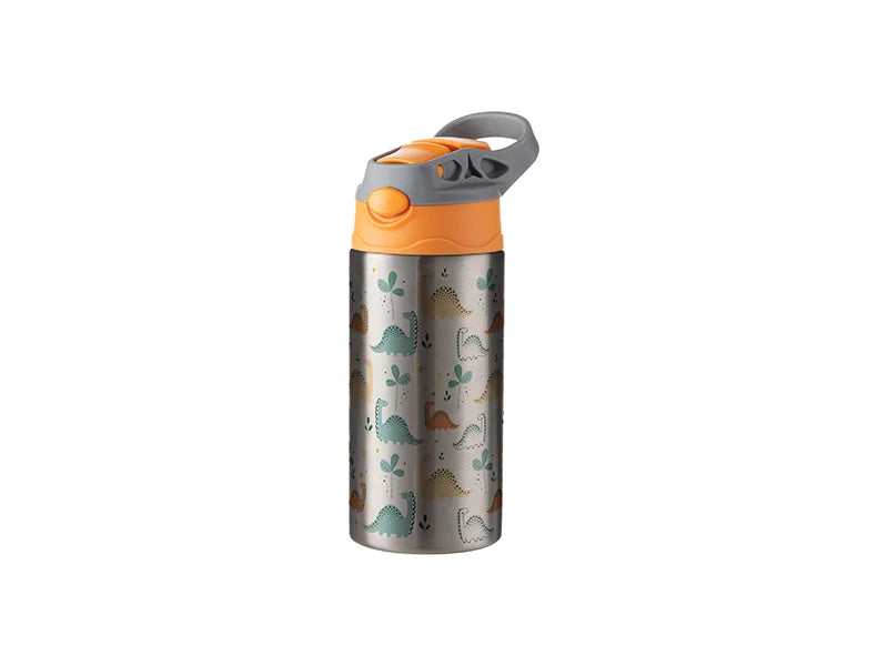 12oz/360ml Kids Water Bottle With Silicon Straw & Gray Handle Lid for Sublimation Printing Blank Silver