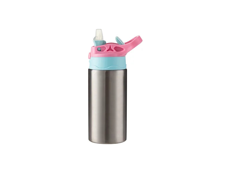 12oz/360ml Kids Stainless Steel Bottle With Silicon Straw &Pink Cap(Silver)