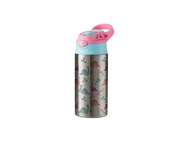 12oz/360ml Sublimation Blanks Kids Stainless Steel Bottle With Silicon Straw &Pink Cap(Silver)