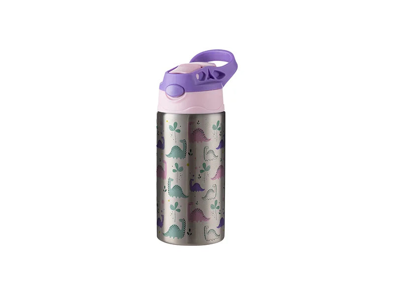 12oz/360ml Sublimation Blanks Kids Stainless Steel Bottle With Silicon Straw & Purple Cap(Silver)