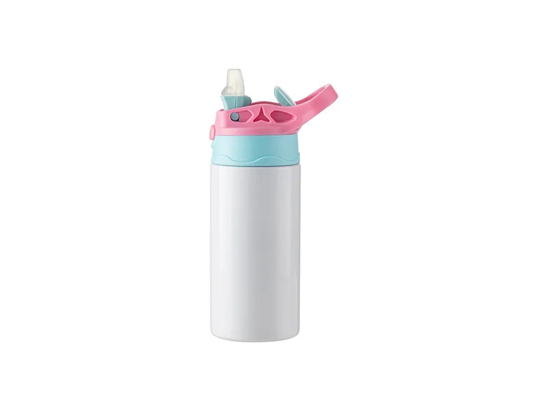 12oz/360ml Kids Stainless Steel Bottle With Silicon Straw &Pink Cap(White)