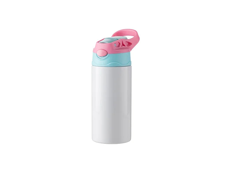 12oz/360ml Sublimation Blanks Kids Stainless Steel Bottle With Silicon Straw &Pink Cap(White)