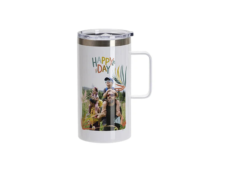 Sublimation Blanks 20oz/600ml Stainless Steel Silver Edge Mug with Handle & Slide Lid(White)