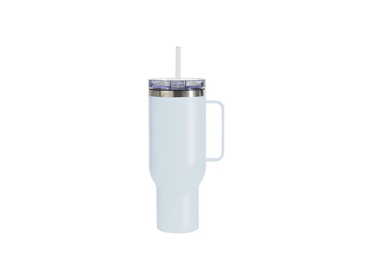 Sublimation 40oz/1200ml Stainless Steel Matte Travel Tumbler with Silver Trim &Clear Slide Lid & Plastic Straw(Matte Metal Handle,Light Blue)