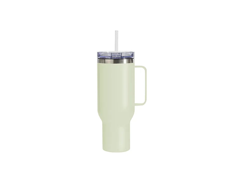Sublimation 40oz/1200ml Stainless Steel Matte Travel Tumbler with Silver Trim &Clear Slide Lid & Plastic Straw(Matte Metal Handle, Light Green)
