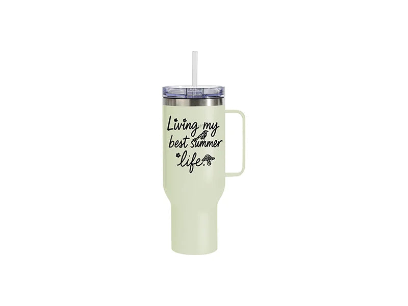 Sublimation 40oz/1200ml Stainless Steel Matte Travel Tumbler with Silver Trim &Clear Slide Lid & Plastic Straw(Matte Metal Handle, Light Green)