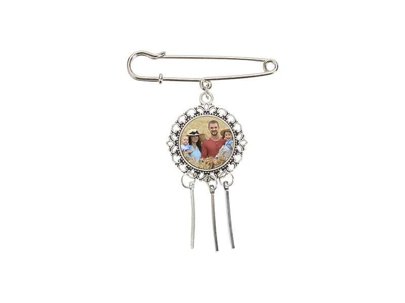 Sublimation Blanks Pin Brooch Charm w/ Small Strip Pendant (Round, 5.5*7cm)