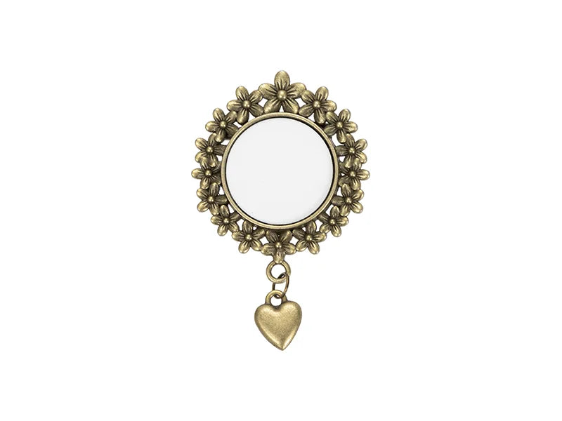 Sublimation Blanks Pin Brooch Charm w/ Heart Pendant (Round, φ2.5cm)