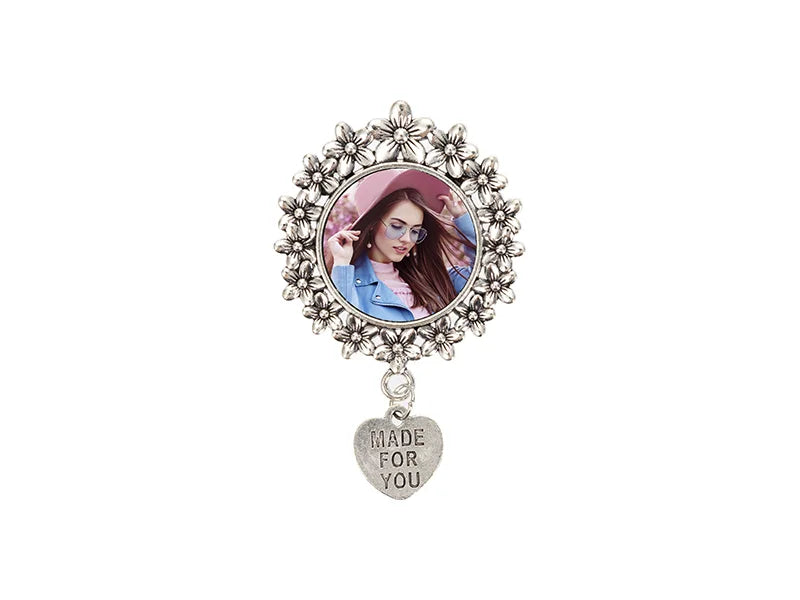 Sublimation Blanks Pin Brooch Charm w/ Heart Pendant (Round, 4*4.9cm)