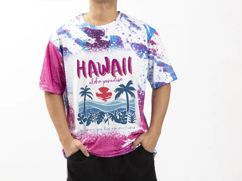 Blue Pink Bleached Leopard Cotton Feeling T-shirt for Sublimation Printing