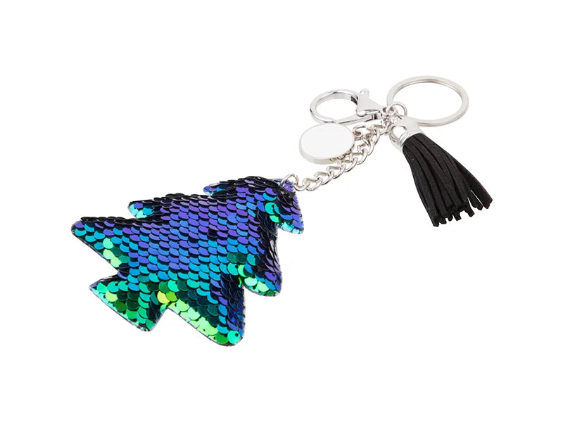 Sublimation Sequin Keychain w/ Tassel and Insert (Blue and Green Christmas Tree)