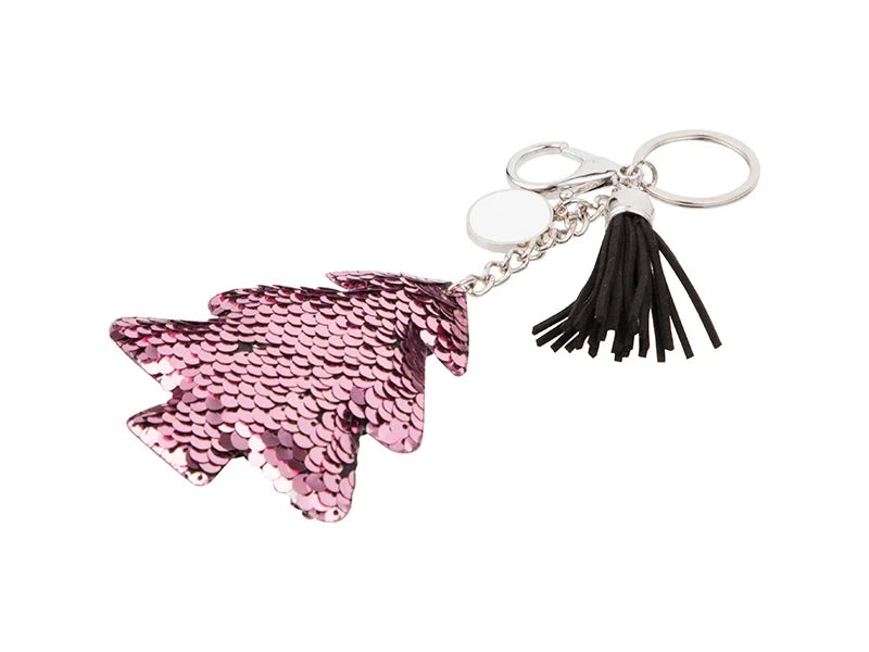 Sublimation Sequin Keychain w/ Tassel and Insert (Pink Christmas Tree)